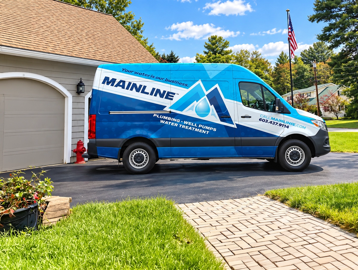 Blue Mainline plumbing van parked in driveway near garage and American flag, sunny day.