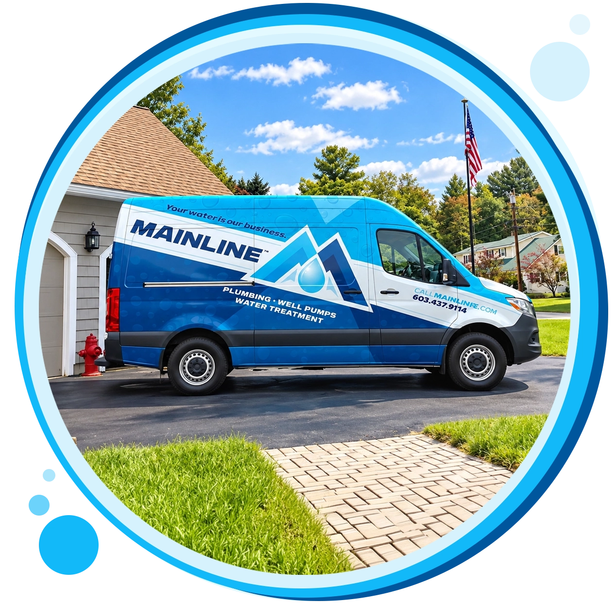 Plumbing services van parked in driveway under clear blue sky, showcasing branding and contact information.