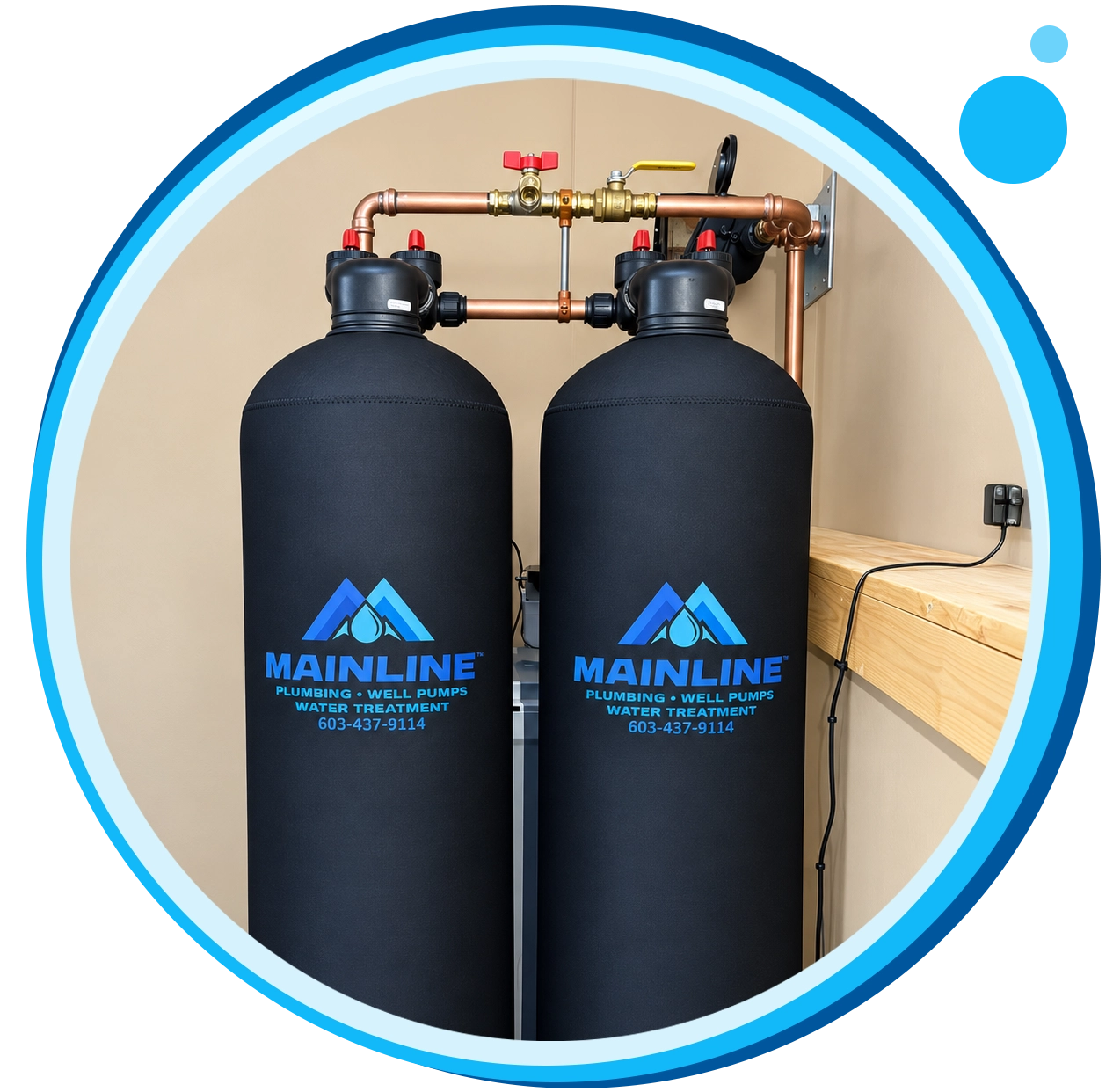 Dual water treatment tanks by Mainline Plumbing, featuring copper piping and protective covers in a utility room.
