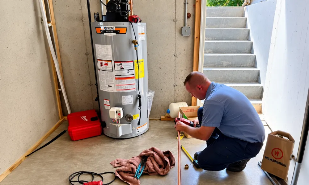 Plumber installing water heater in basement with tools and copper pipes.