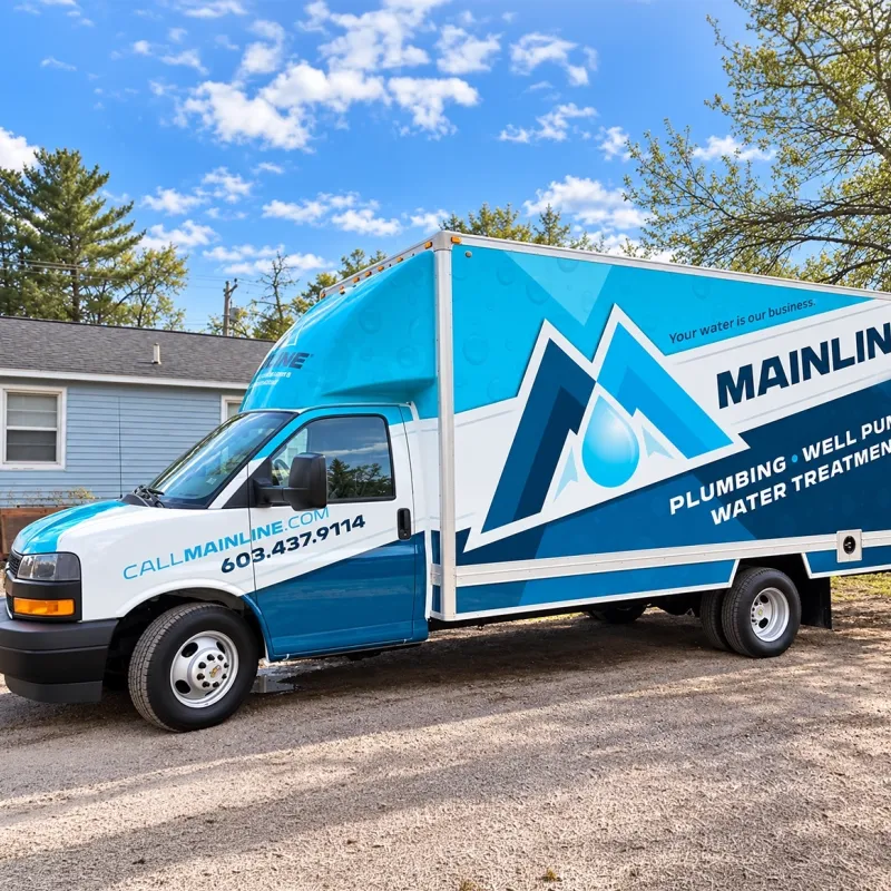 Blue Mainline plumbing truck parked near a house, offering well pumps and water treatment services.