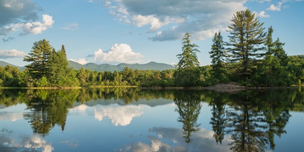 Serene lake with trees reflected in water under a cloudy blue sky, surrounded by lush greenery and distant mountains.