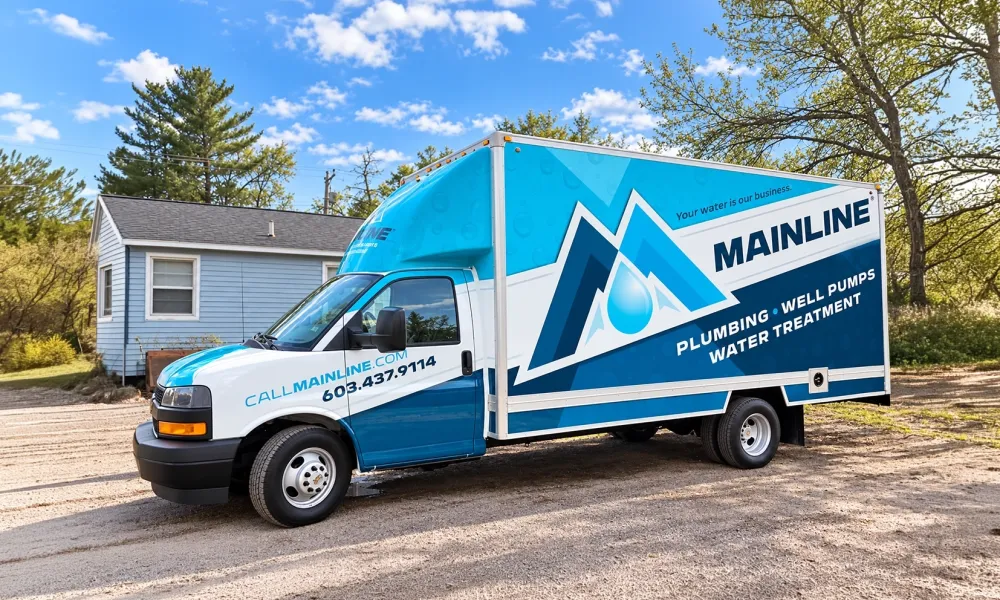 Blue Mainline plumbing truck parked near a house, offering well pumps and water treatment services.