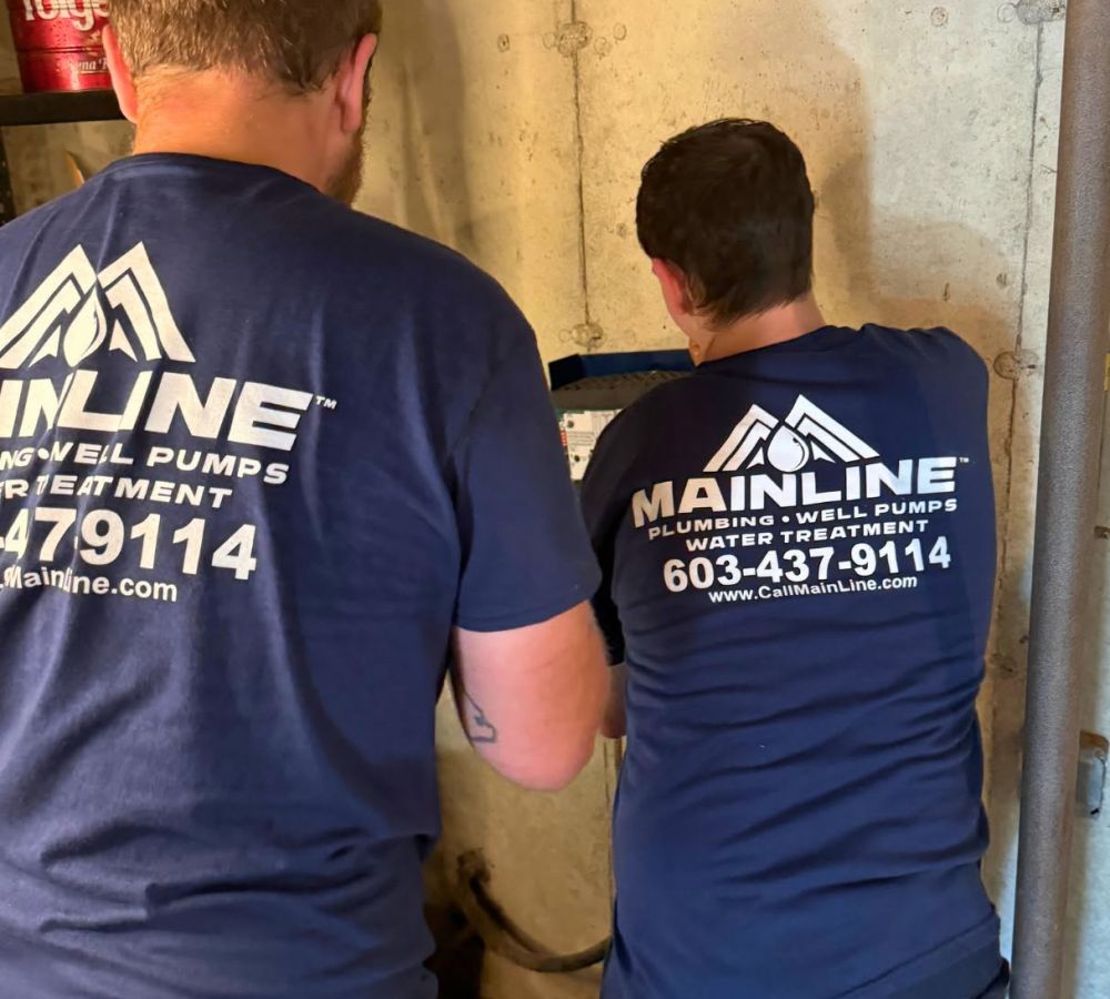 Two technicians in Mainline shirts working on plumbing equipment in a basement.