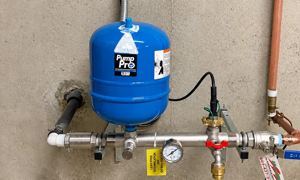 Blue water pressure tank with connected pipes and gauge against a concrete wall.