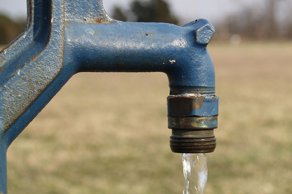 Close-up of a blue outdoor tap with water flowing, set against a blurred grassy background.