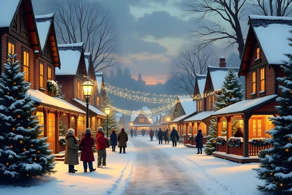 snow covered road with people standing around talking about the holidays