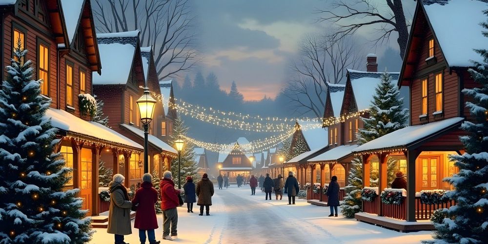 snow covered road with people standing around talking about the holidays