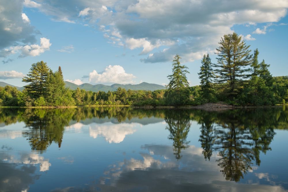 Serene lake with trees reflected in water under a cloudy blue sky, surrounded by lush greenery and distant mountains.