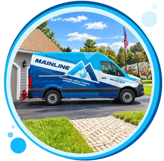 Plumbing services van parked in driveway under clear blue sky, showcasing branding and contact information.