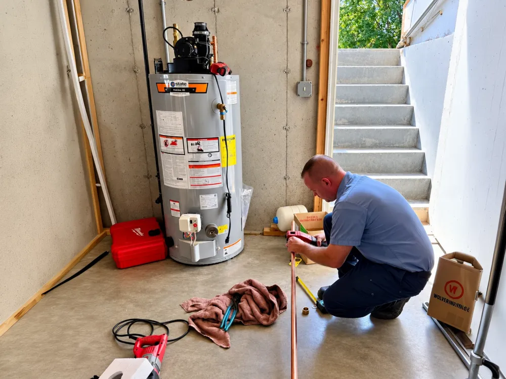 Plumber installing water heater in basement with tools and copper pipes.