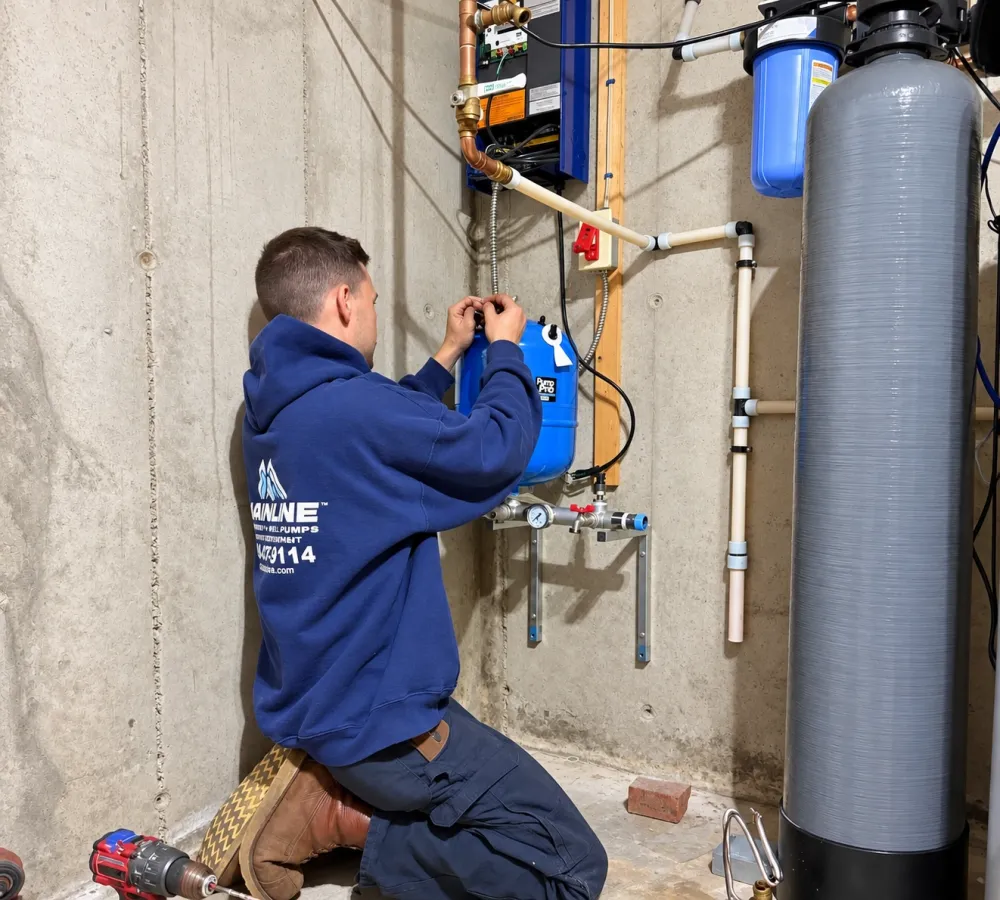 Technician installing a water filtration system in a basement.