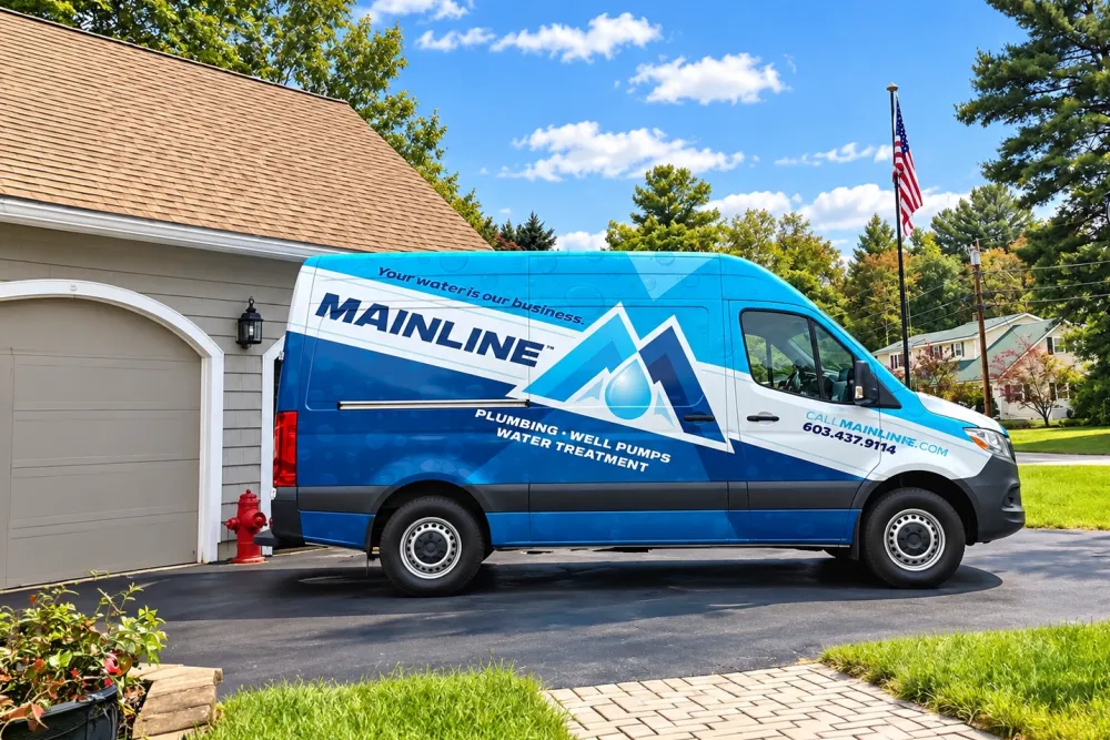Blue Mainline plumbing van parked in suburban driveway with American flag, offering water services.