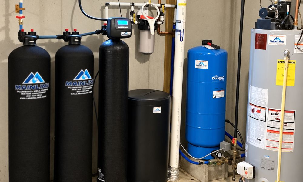 Basement water system with filters, water softener, and blue pressure tank next to a grey water heater on concrete floor.