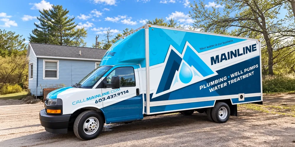 Blue Mainline plumbing truck parked near a house, offering well pumps and water treatment services.