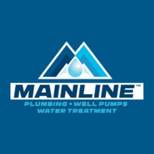 Mainline logo: plumbing, well pumps, water treatment services with mountain and water droplet design on blue background.